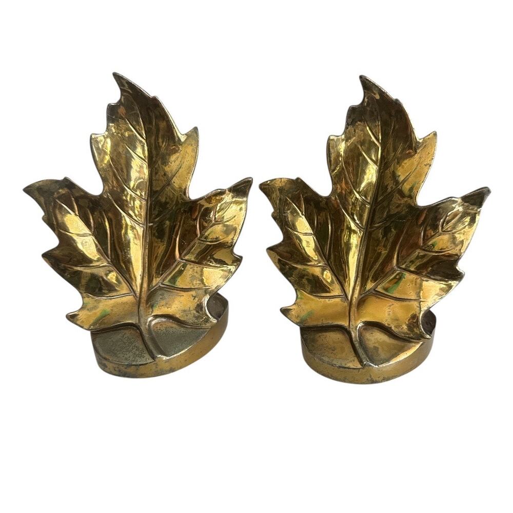 Vintage Brass Plated Maple Leaf Bookends 1970s PM Craftsman